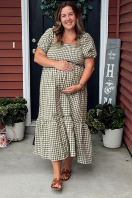 Maternity Rust Gingham Smocked Midi Dress