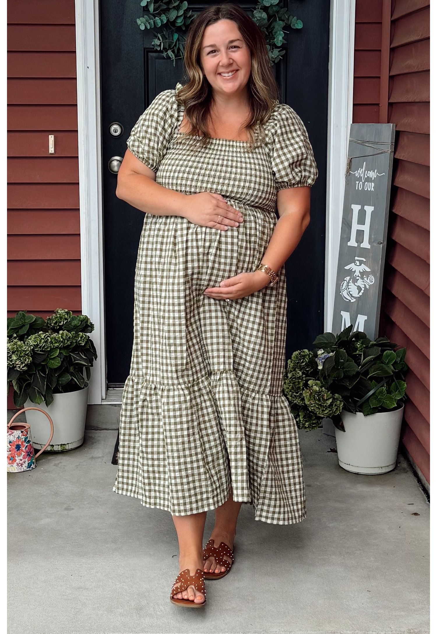 Women's Rust Gingham Smocked Midi Dress