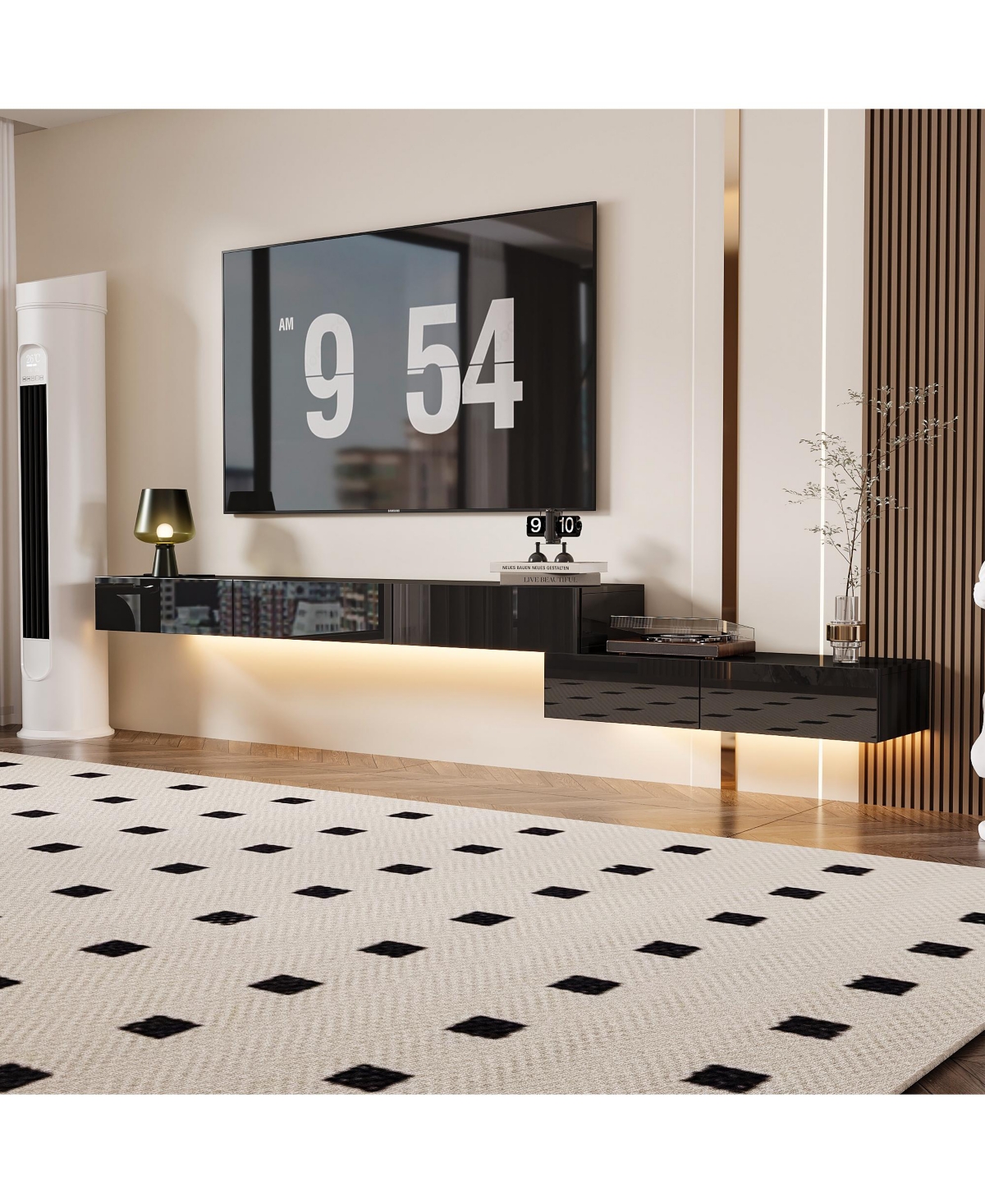 Wall-mounted Tv stand with five drawers, media console with two cabinets, entertainment center in black wood