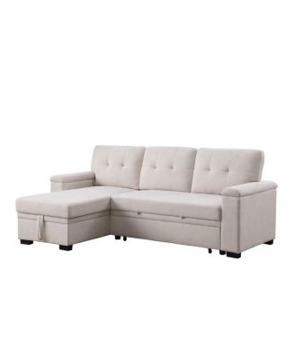 84.5"W Beige Woven Fabric Reversible Sleeper Sectional Sofa with Storage Chaise
