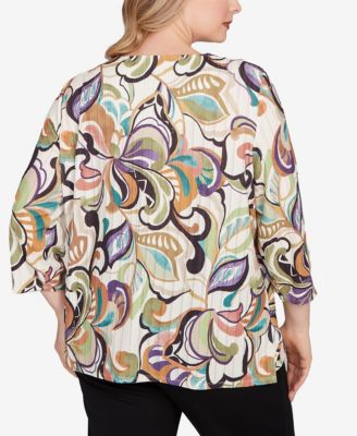 Plus Size Classic Abstract Scroll Split Neck Top