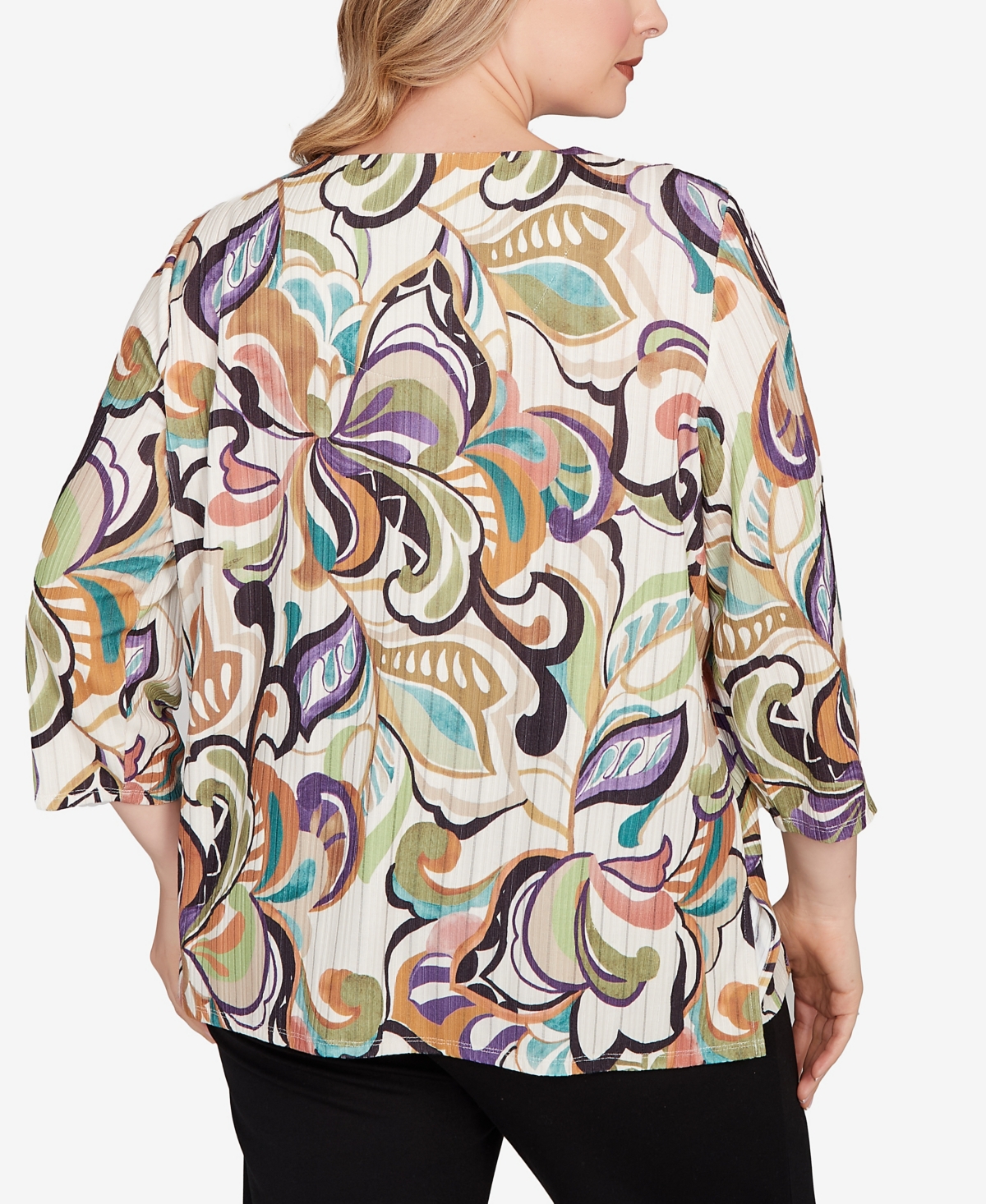 Alfred Dunner Plus Size Classic Abstract Scroll Split Neck Top In Neutral