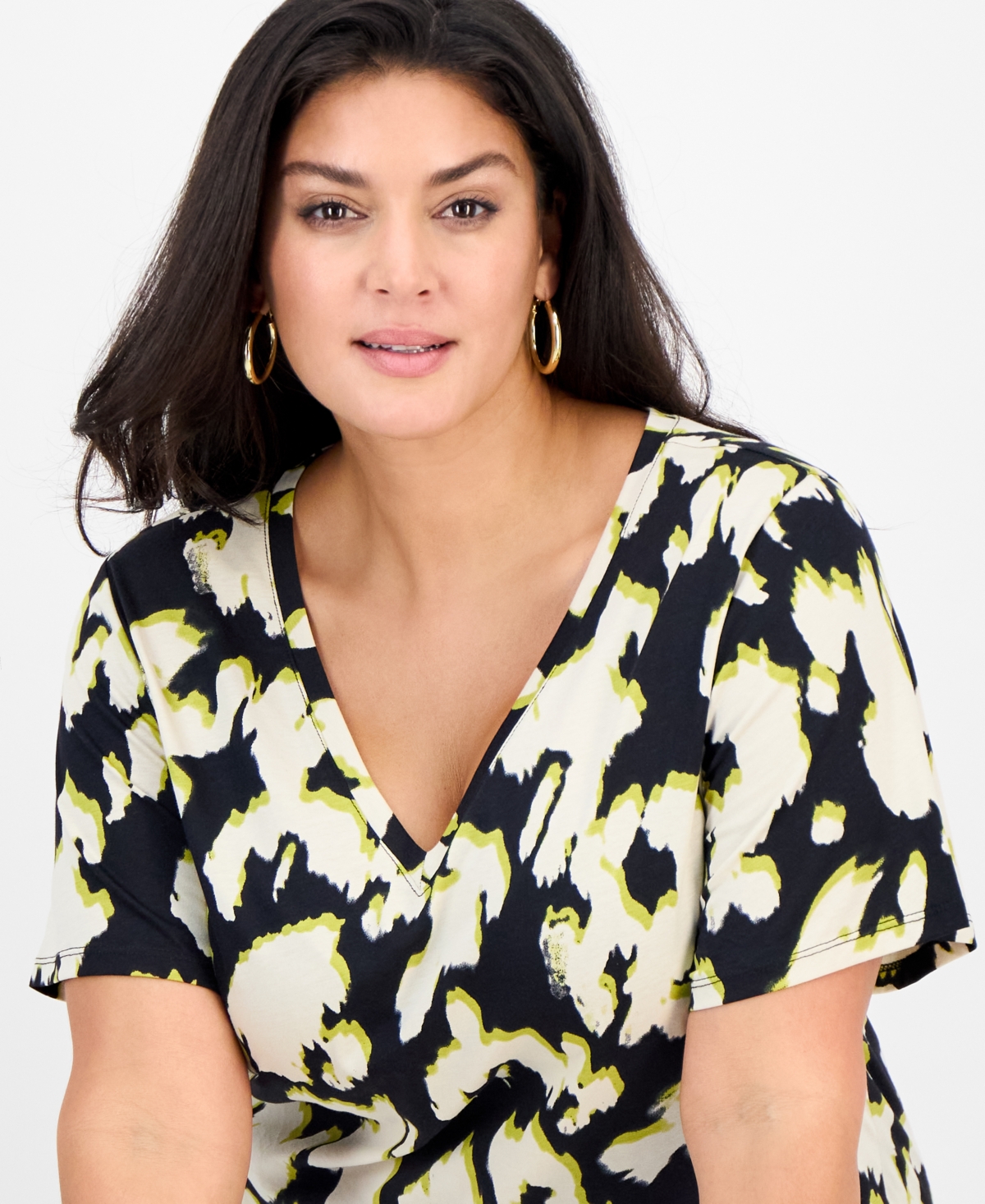 Inc International Concepts Plus Size Cotton V-neck Short-sleeve Top, Macy's Exclusive