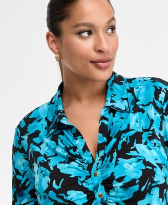 Plus Size Printed Gathered Collared Shirt, Macy's Exclusive