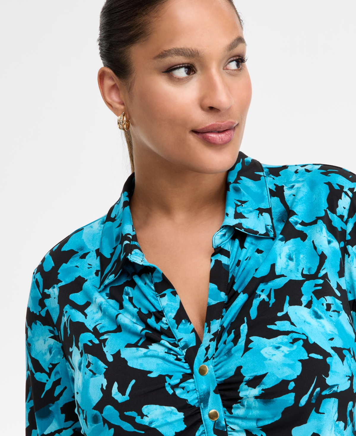 Inc International Concepts Plus Size Printed Gathered Collared Shirt, Macy's Exclusive In Multi