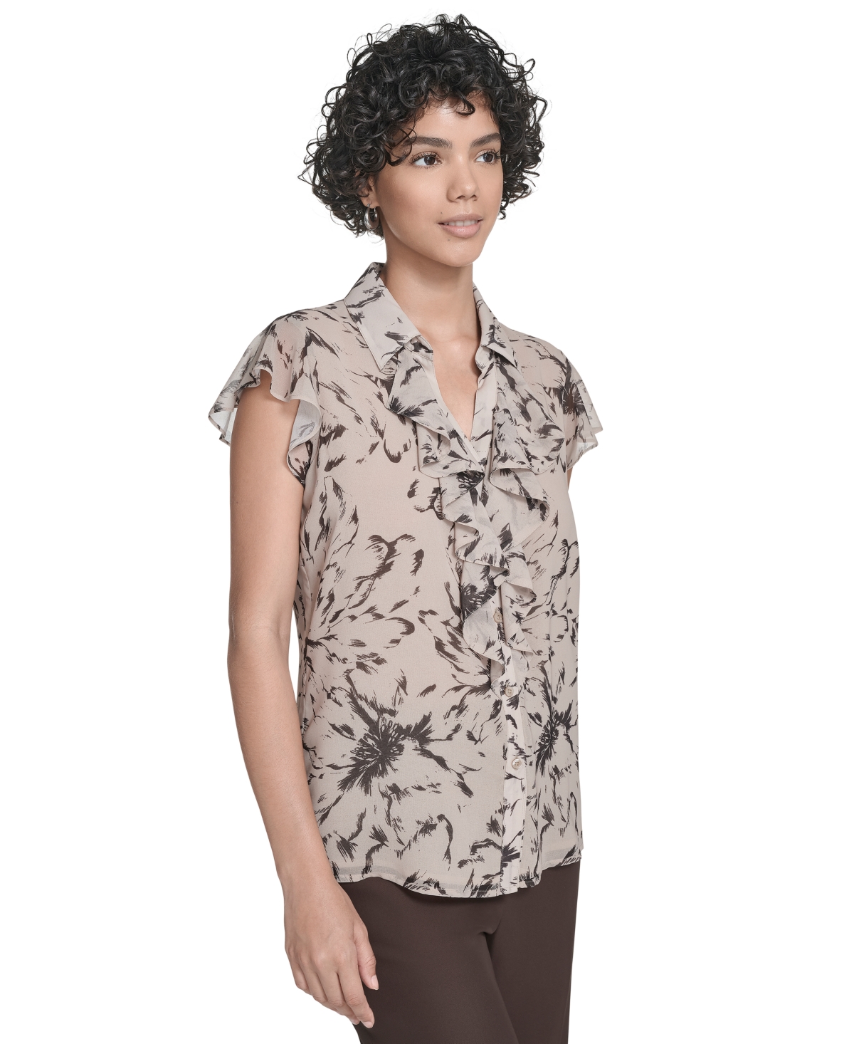 Calvin Klein Women's Printed Flutter-sleeve Ruffle Blouse
