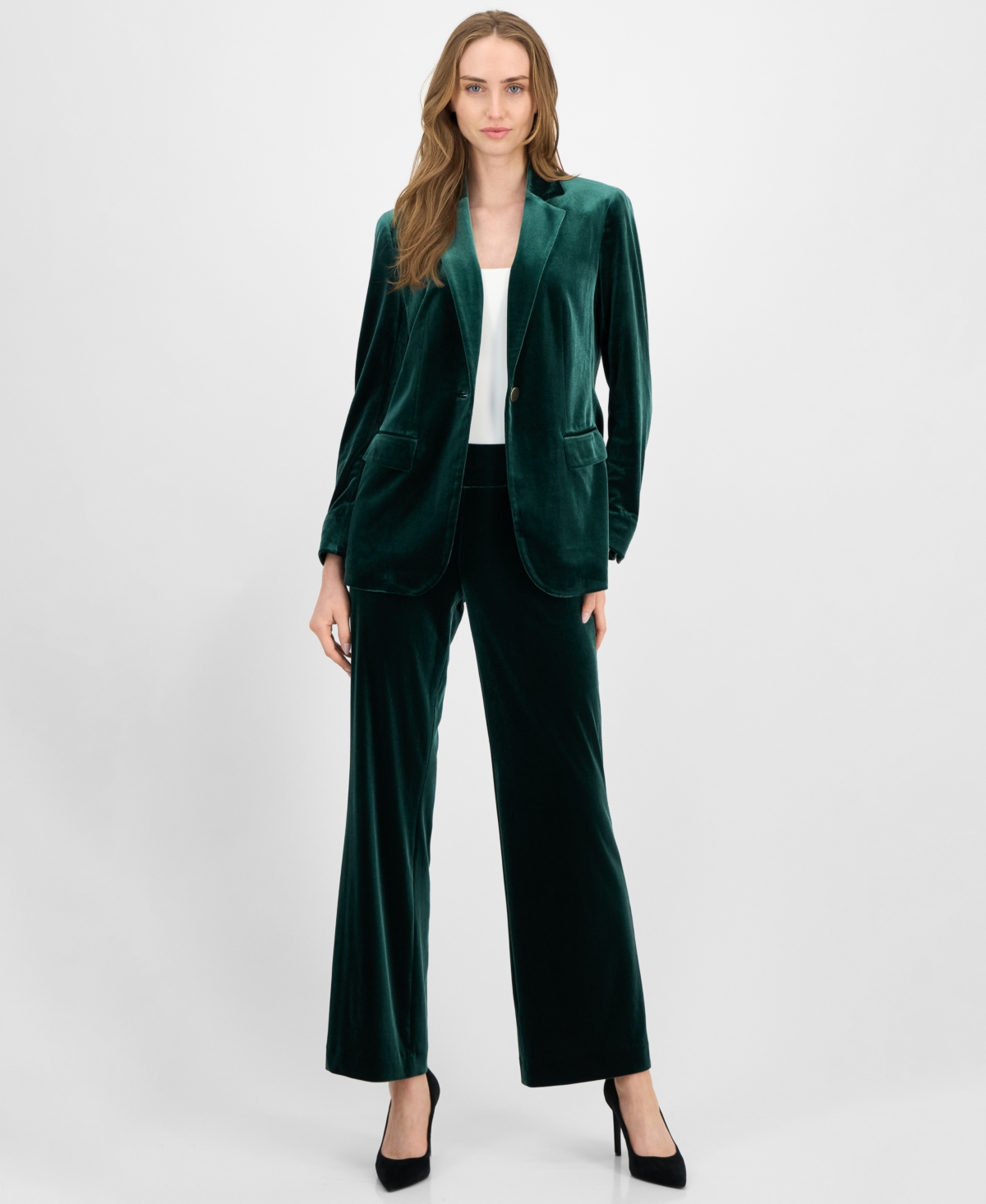 Anne Klein Women's Velvet High-rise Pull-on Wide-leg Pants In Green