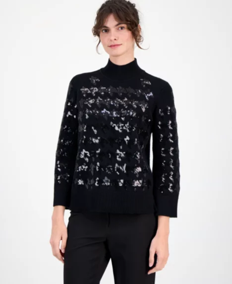 Petite Sequin Houndstooth Mock-Neck Sweater  - Anne Black