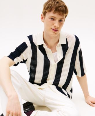 Men's Stripe Button Front Open Knit Shirt