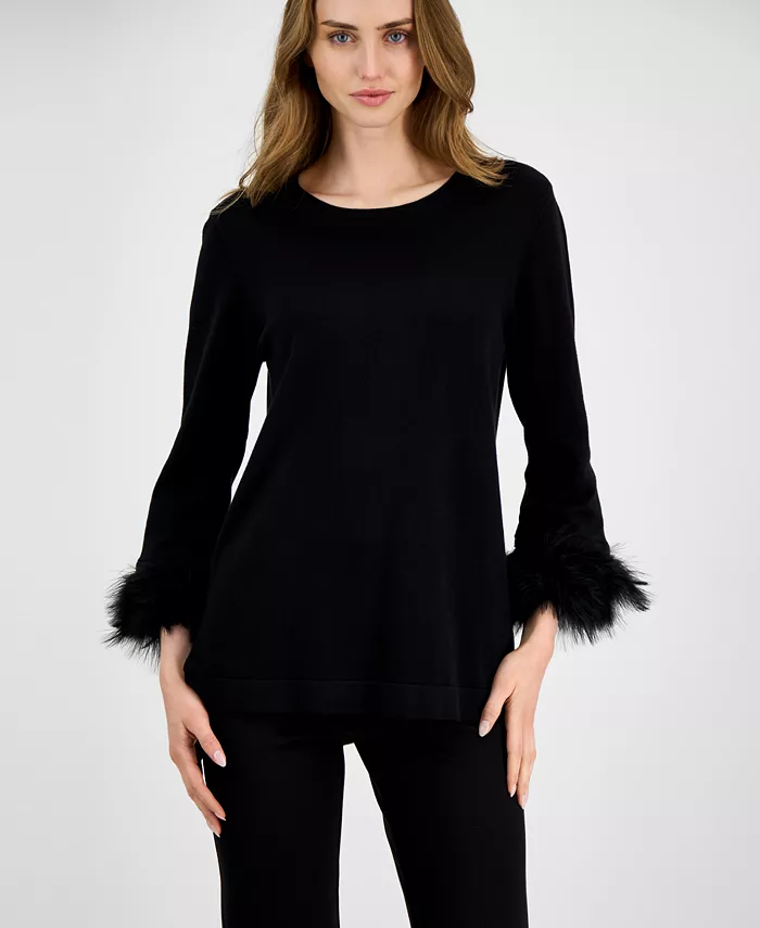 Women's Crewneck Feather-Trim-Cuff Sweater