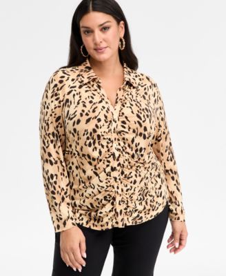 I.N.C. International Concepts - Plus Size Printed Gathered Collared Shirt, Macy's Exclusive