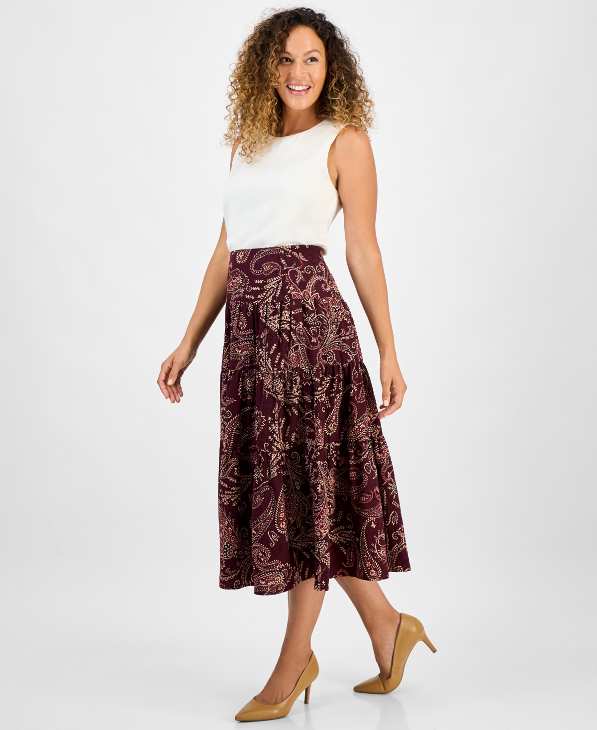 Jones New York Petite Printed Midi Skirt In Brown