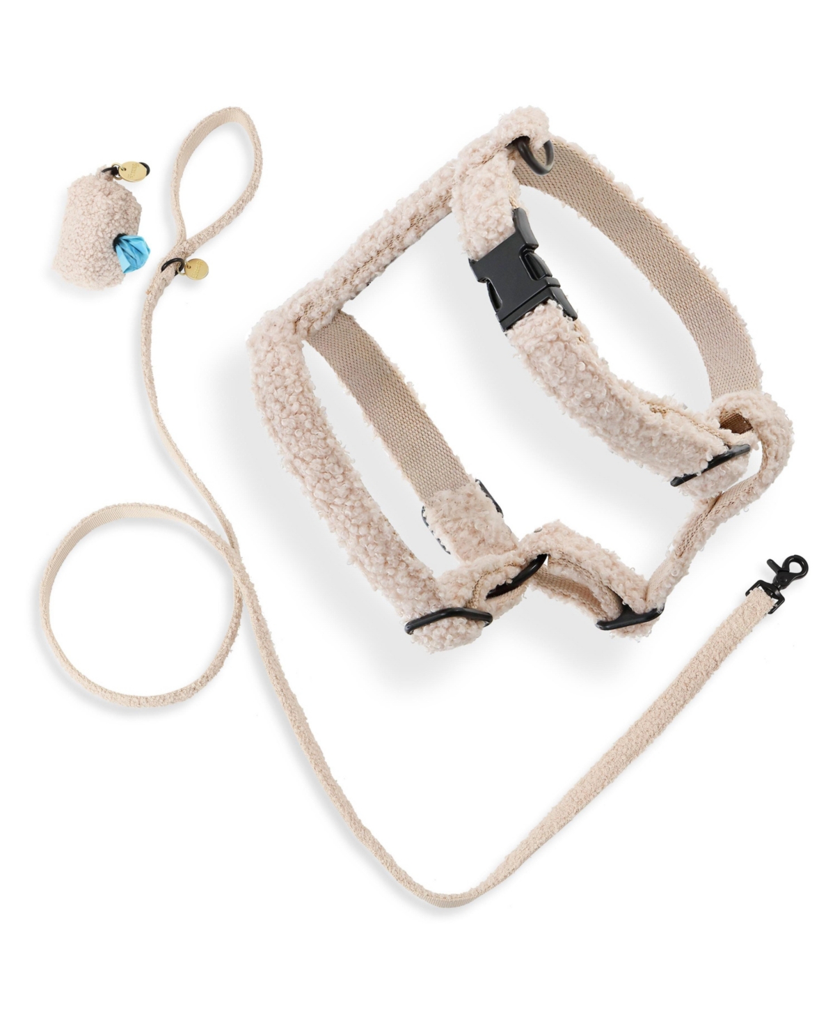Teddy Boucle Adjustable H Harness and Leash Walk Set with Poop Bag Pouch - Black