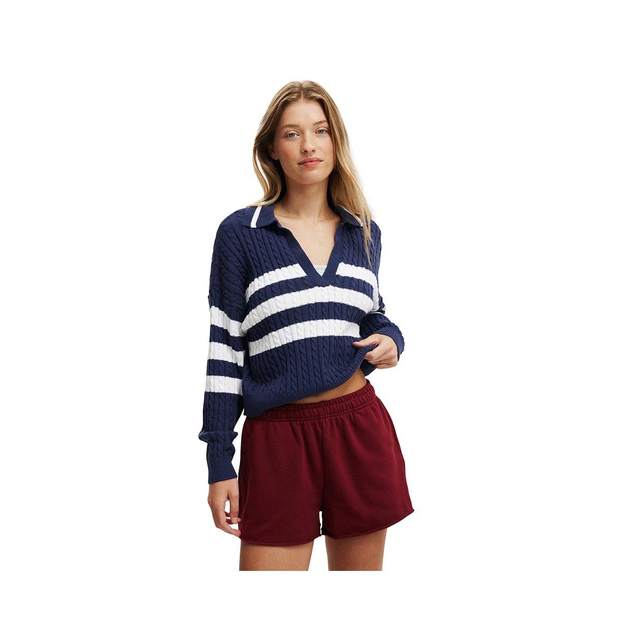 Women's Coco Cotton Long Sleeve Polo - Oxford blue stripe