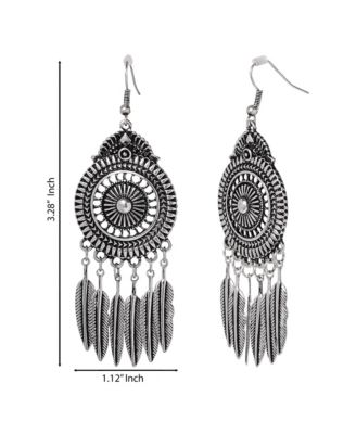 Boho Feather Statement Drop Earrings in Antique Silver
