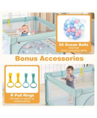 Toddler Playpen Large Activity Center w/ 50 PCS Ocean Balls & 4 Pull Rings