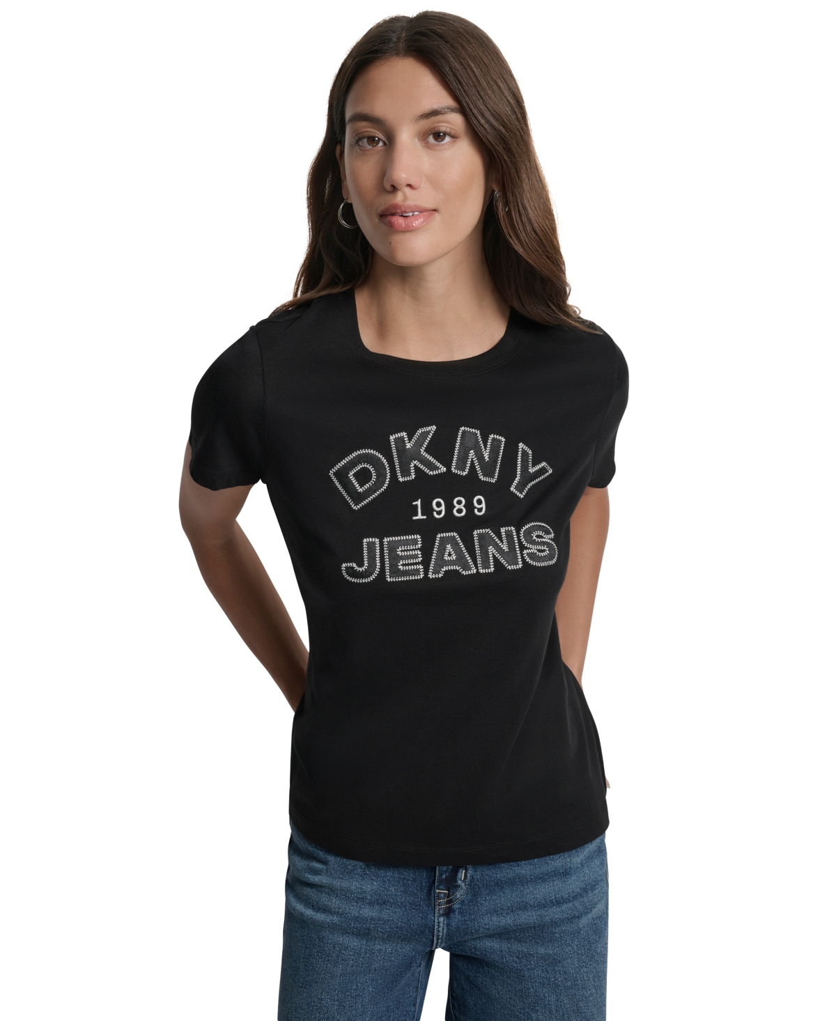 Dkny Jeans Women's Whipstitch Trim Logo Crewneck T-shirt In Black