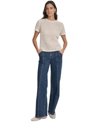 Women's Open Stitch Crewneck Short-Sleeve Sweater