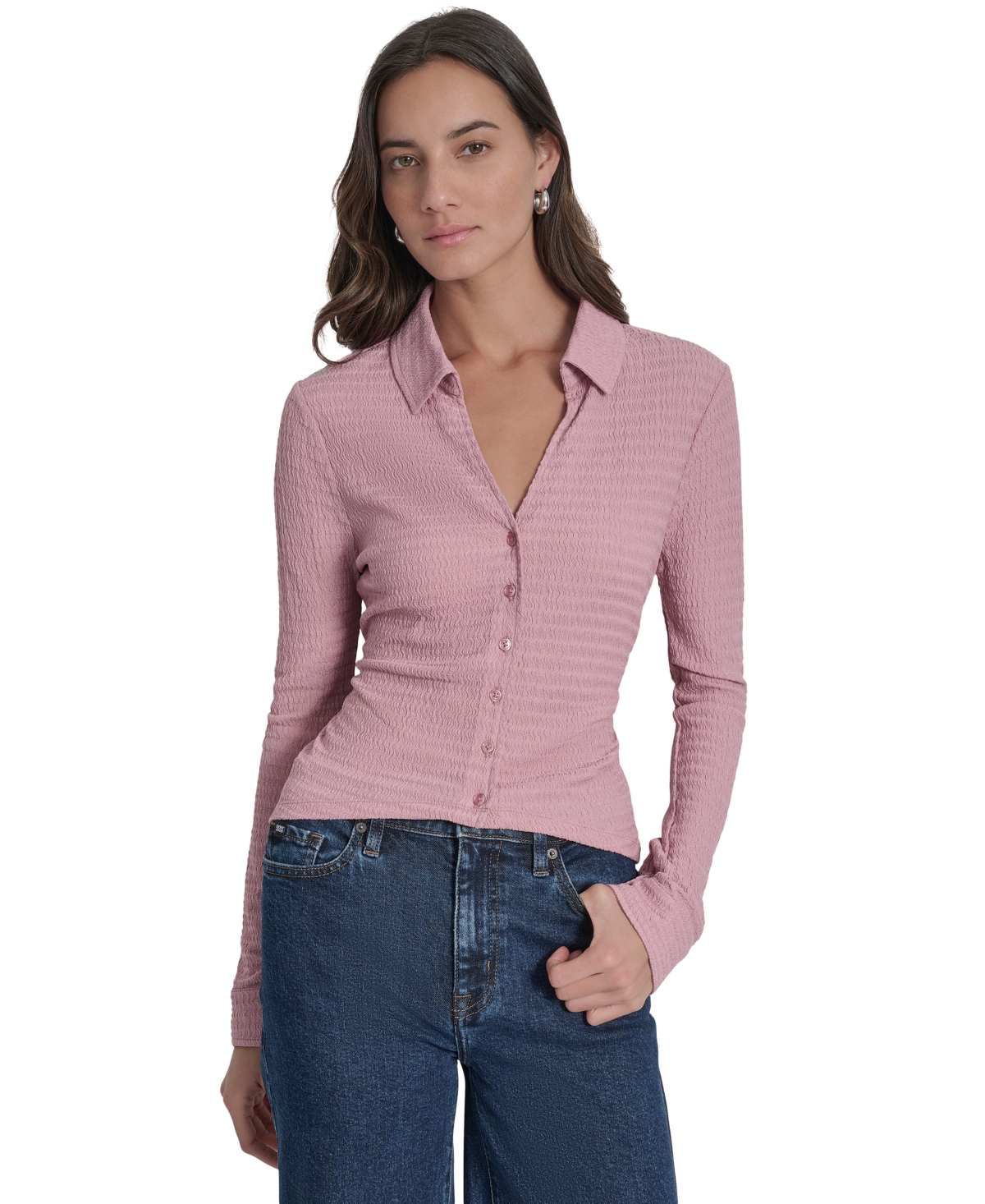 Dkny Jeans Women's Textured Collared Button-front Blouse In Pink