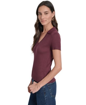 Womens Ribbed V-Neck Polo Sweater