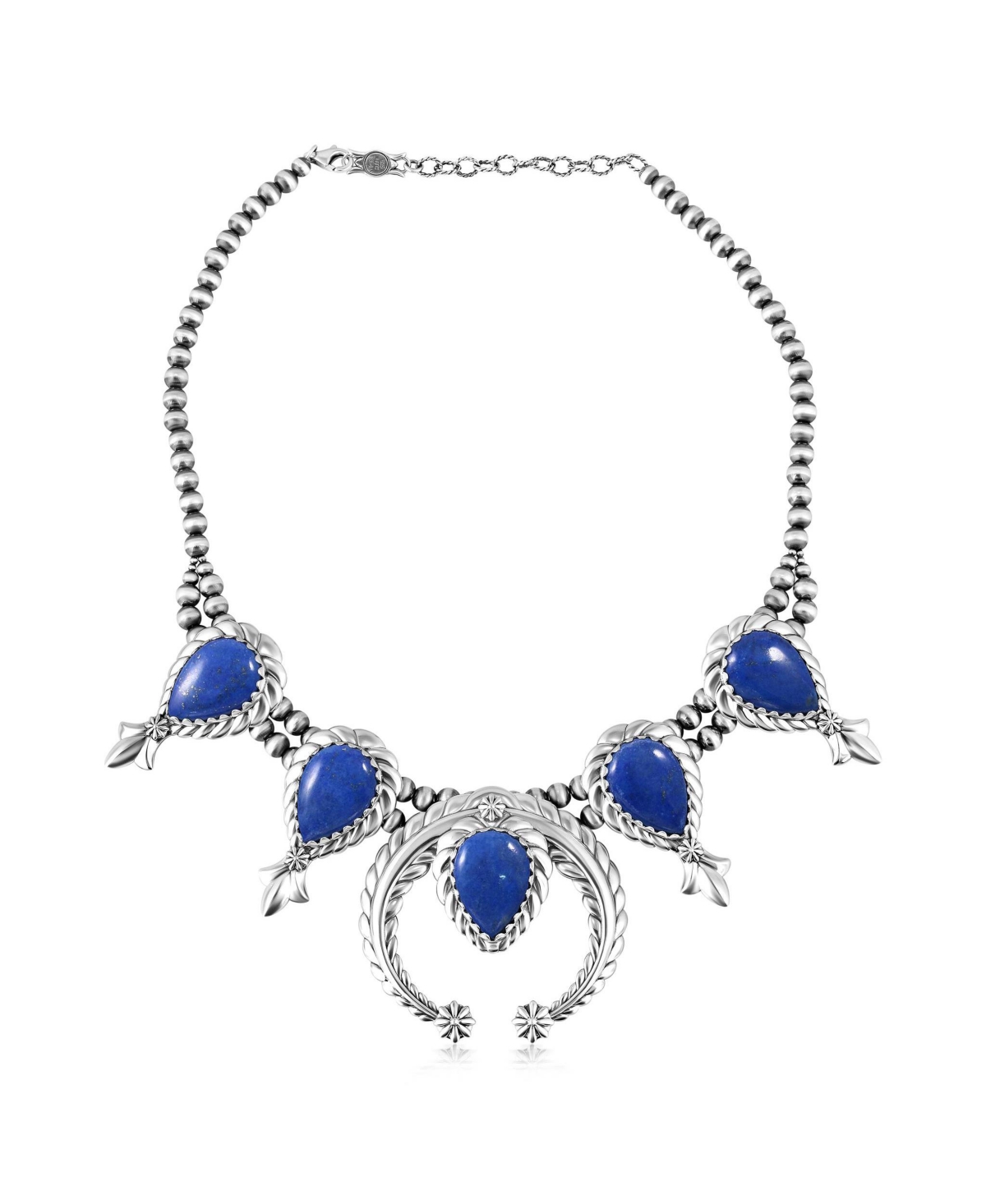 Sterling Silver Denim Lapis Pear-Cut Squash Blossom Necklace, 17 to 20 Inches