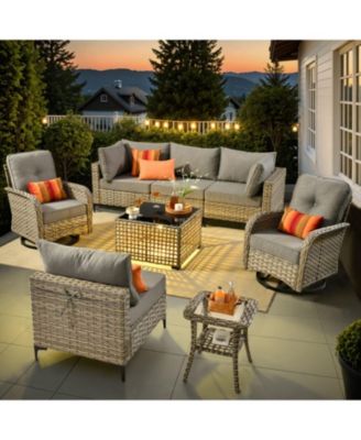 Outdoor Patio Furniture Set,8 Pieces Rattan Outdoor Sectional Cozy Sofa,Patio Conversation Sets with Swivel Chairs and Solar Coffee Table