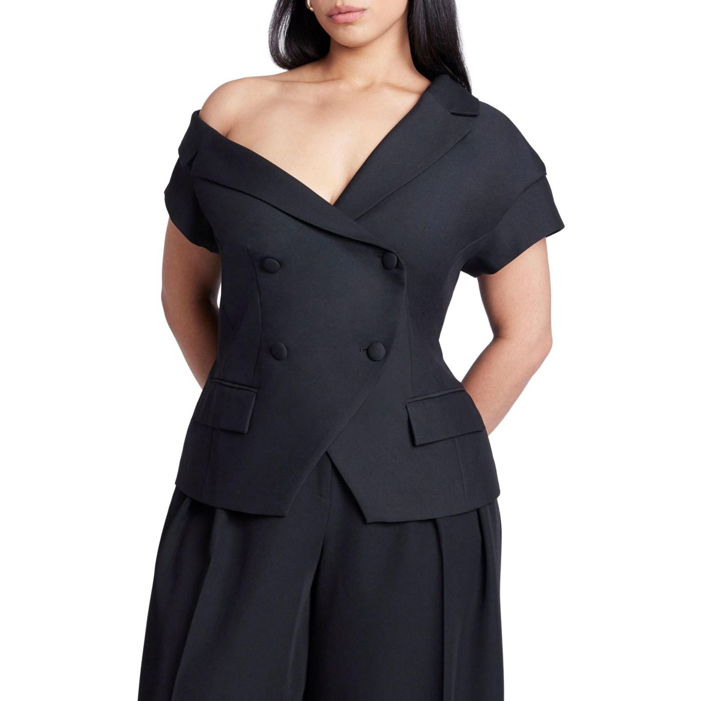 Женский пиджак ELOQUII Asym Neckline Short Sleeve Blazer, цвет: Чёрный оникс — фото 1