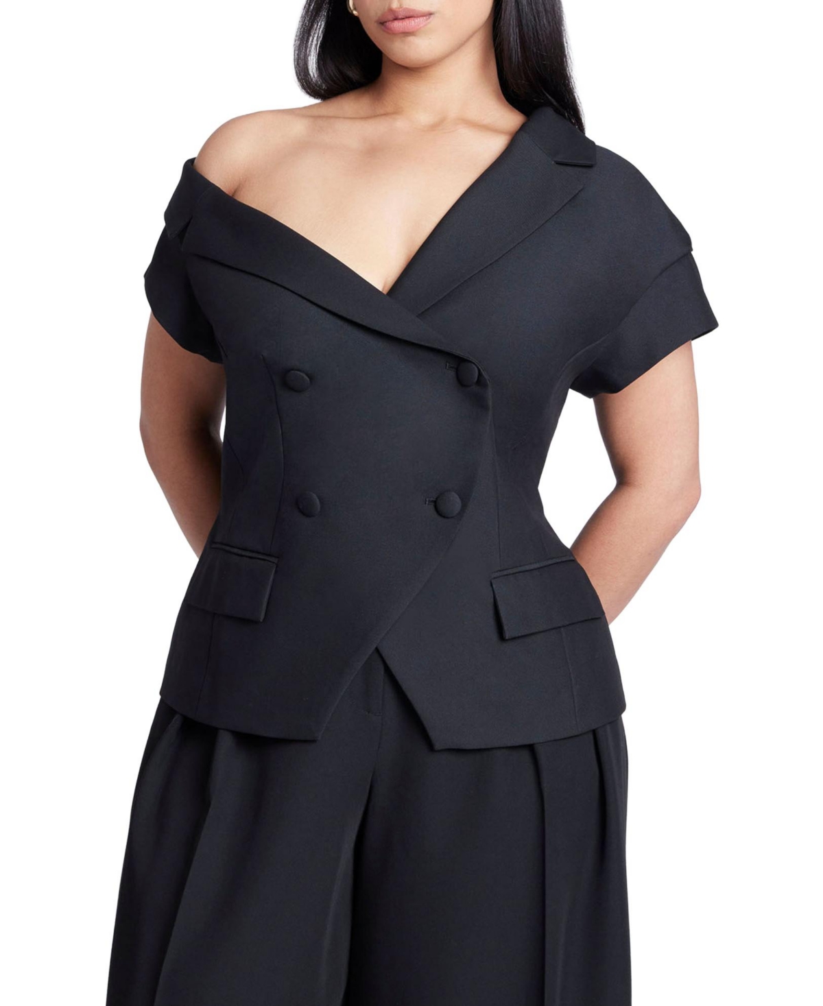 Women's Plus Size Asym Neckline Short Sleeve Blazer - Black onyx