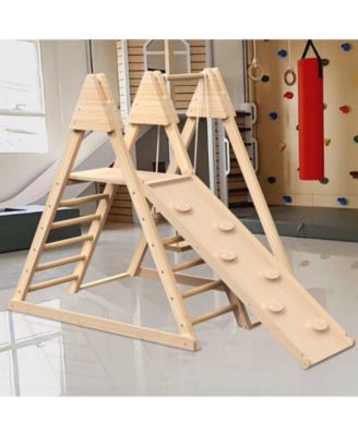 4-in-1 Juniper Indoor Play Gym - Jungle Gym Playset with Baby Swing, Slide, Ladder, and Climbing Wall - Foldable Wooden Playset