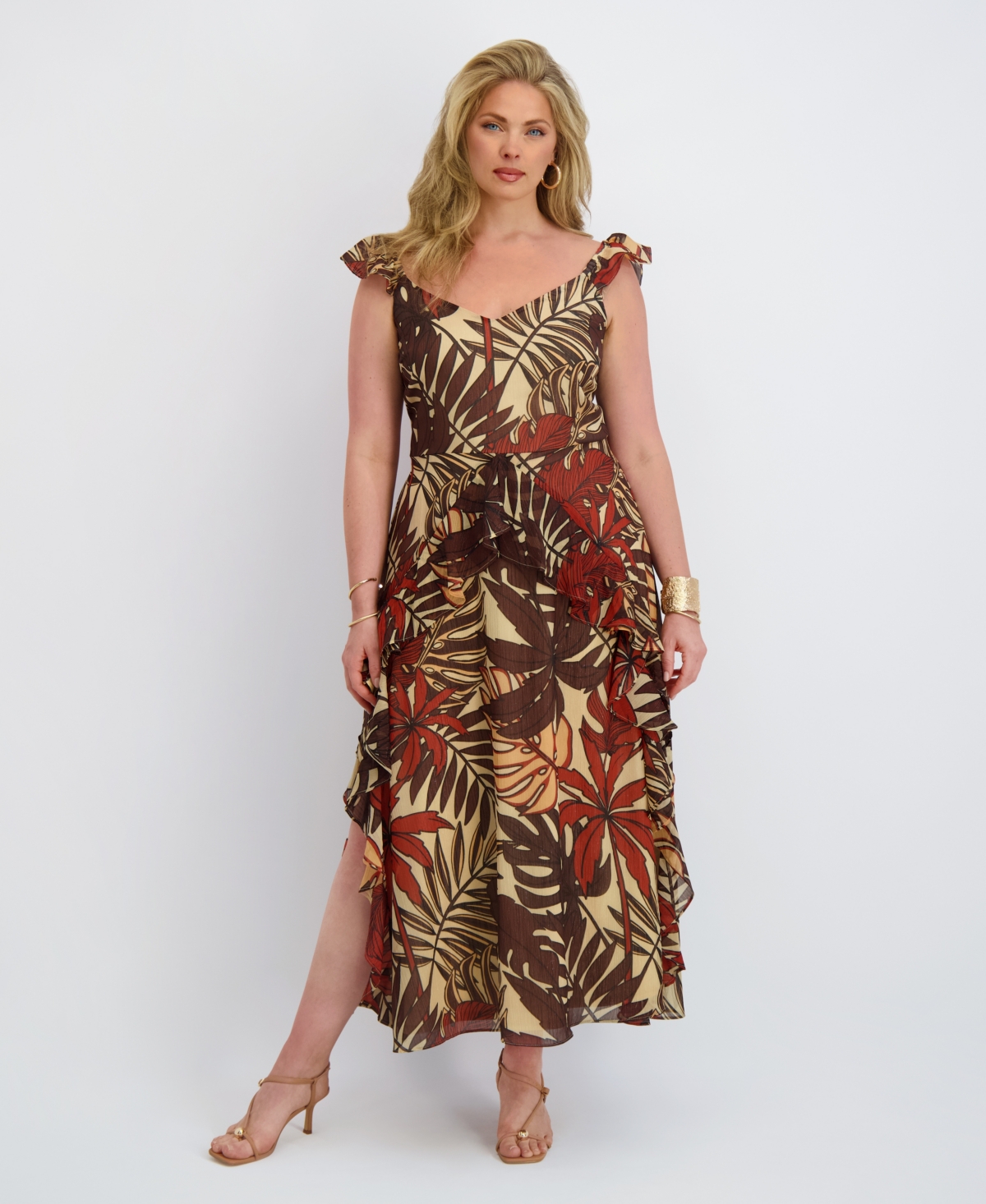 Siena Plus Size Flutter-sleeve Printed Chiffon Maxi Dress In Multi