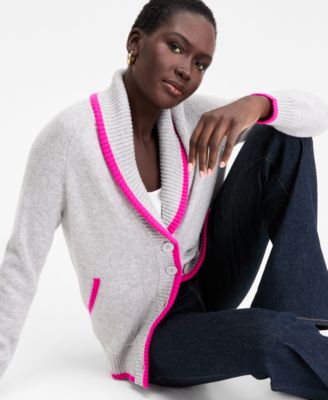 Women's 100% Cashmere Tipped Shawl-Collar Boyfriend Cardigan, Macy's Exclusive 