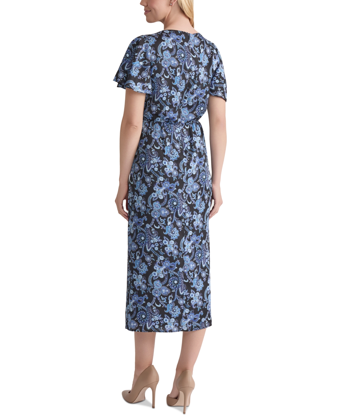 Jones New York Petite Printed Flutter-sleeve Shirred Dress In Blue