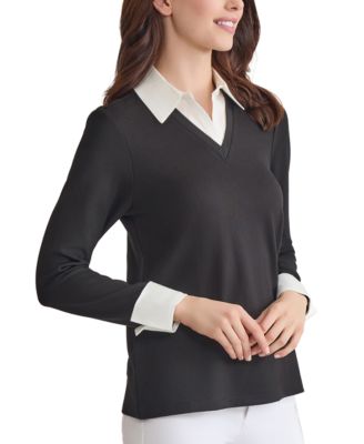 Petite V-Neck Long-Sleeve Two-Fer Pullover