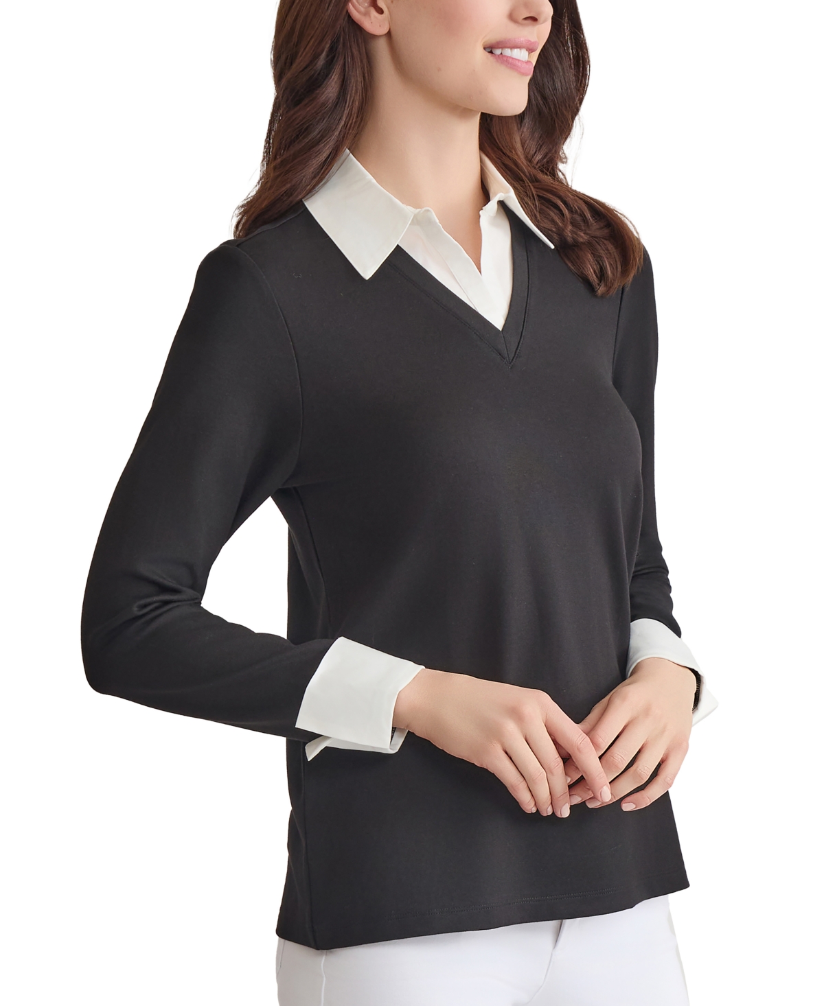 Jones New York Petite V-neck Long-sleeve Two-fer Pullover In Black