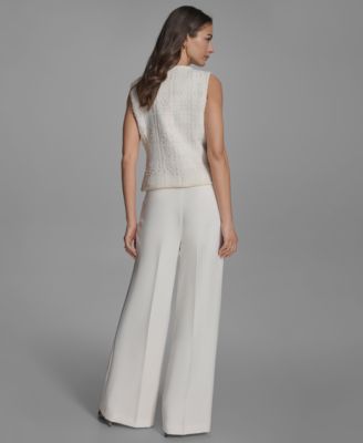 Bcbg Womens Textured Crewneck Button Front Vest Pleated Wide Leg Pants In Neutral