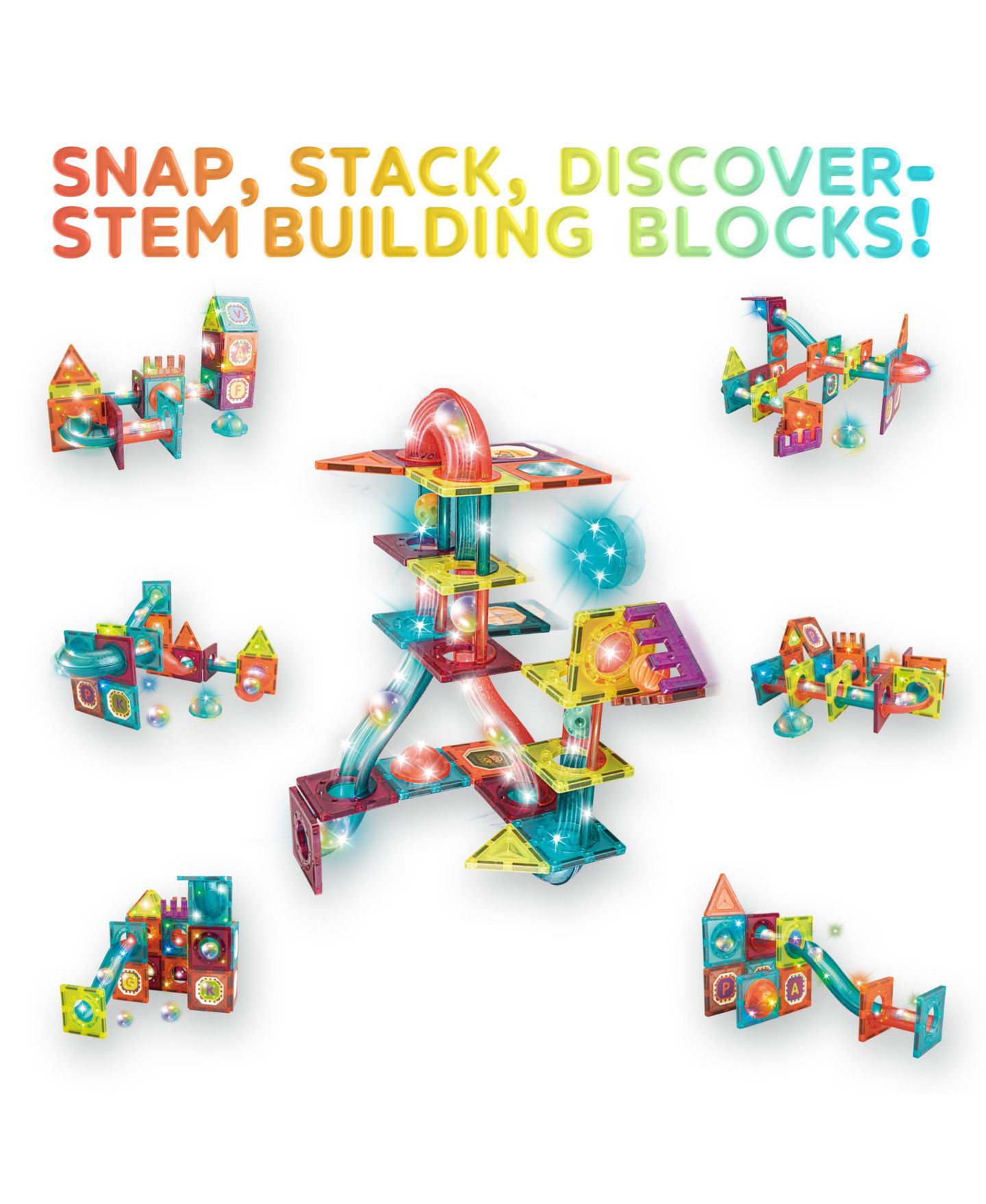 Детские конструкторы Contixo Glow-in-the-Dark Marble Run Magnetic Tile Set ST15, 65-Piece Building Set, Ages 3+ — фото 2