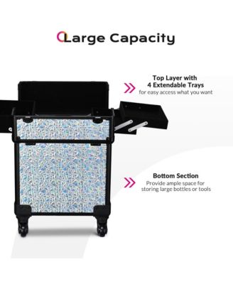 Folding Manicure Nail Table & Rolling Makeup Train Case Mermaid Silver