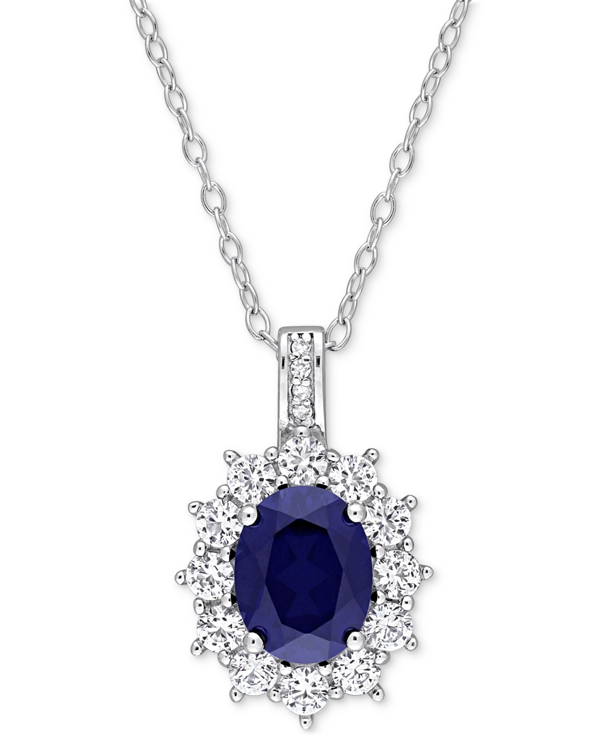 Macy's Gemstone & Diamond Accent Halo 18" Pendant Necklace In Sterling Silver In Blue