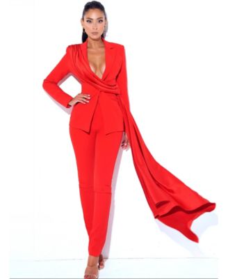 Women's Vayla Red Skinny Fit Crepe Trousers