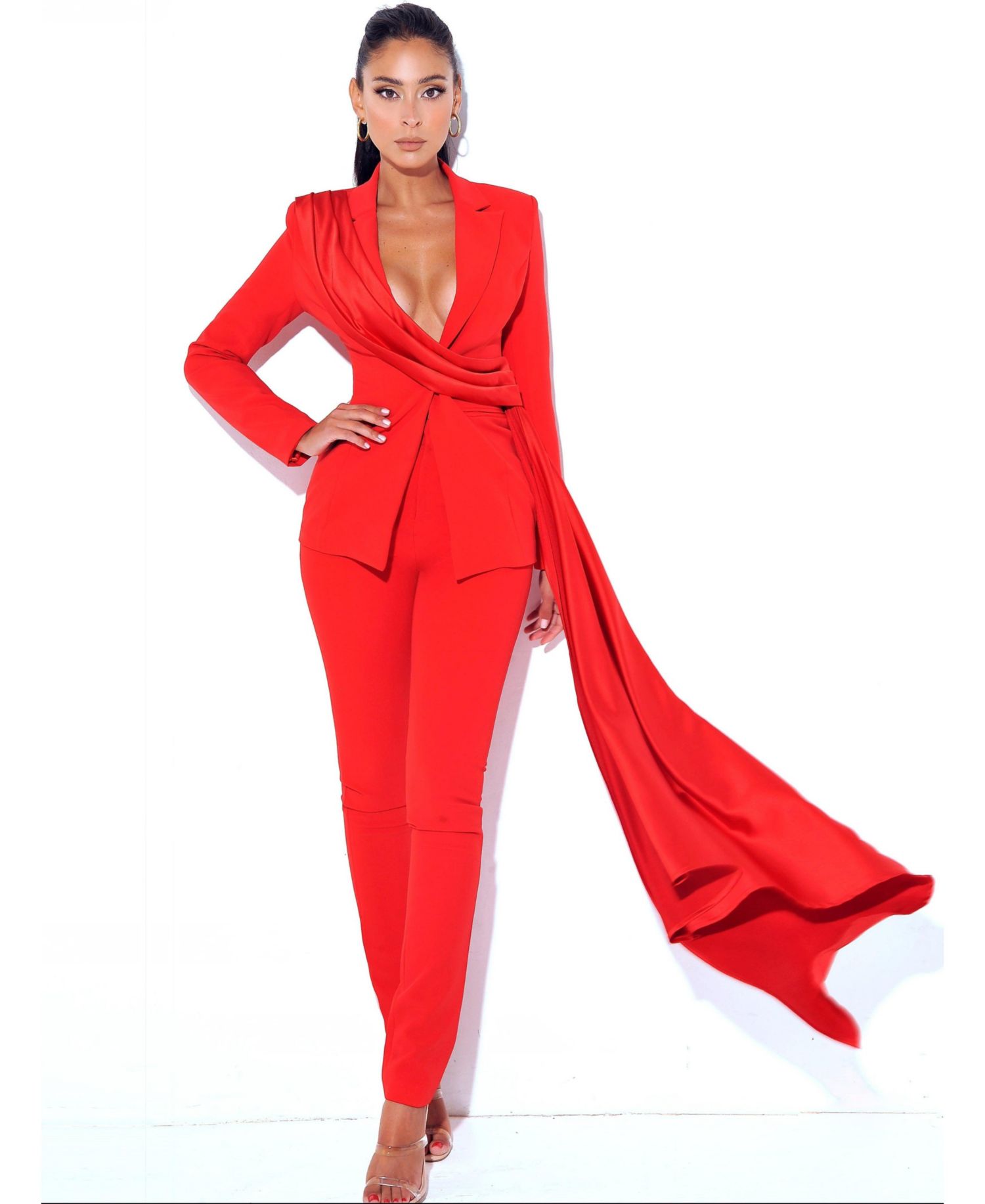 Women's Vayla Red Skinny Fit Crepe Trousers