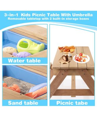 3-in-1 Kids Outdoor Wooden Picnic Table With Umbrella, Convertible Sand & Wate