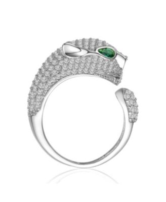 Panther Head with Green & Clear Cubic Zirconia Open Band Ring