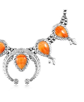 Sterling Silver Orange Spiny Oyster Pear-Cut Squash Blossom Necklace, 17 to 20 Inches