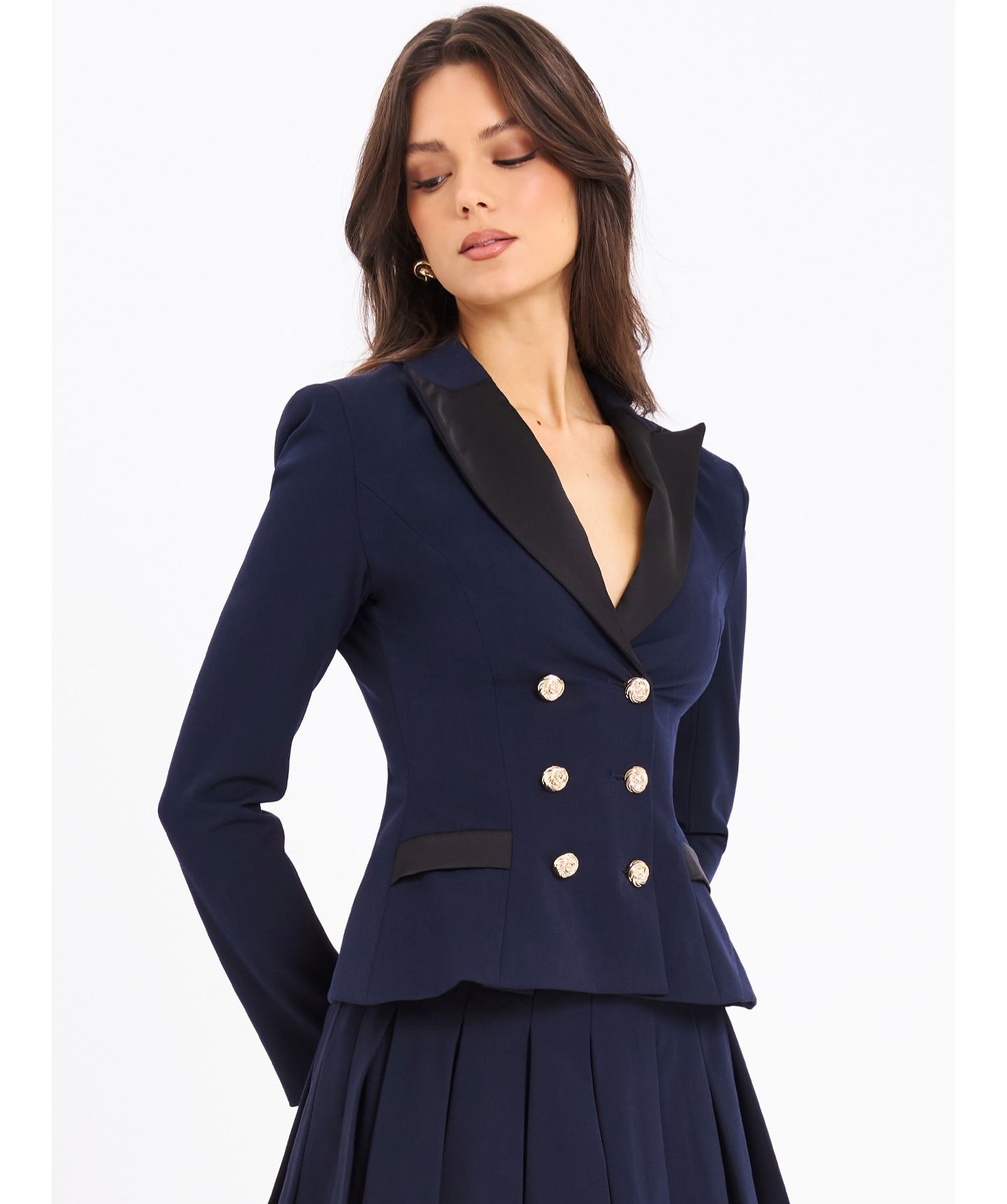 Женский пиджак Miss Circle Women Nasia Navy Blue Double Breast Backless Blazer, цвет: Тёмно-синий — фото 3