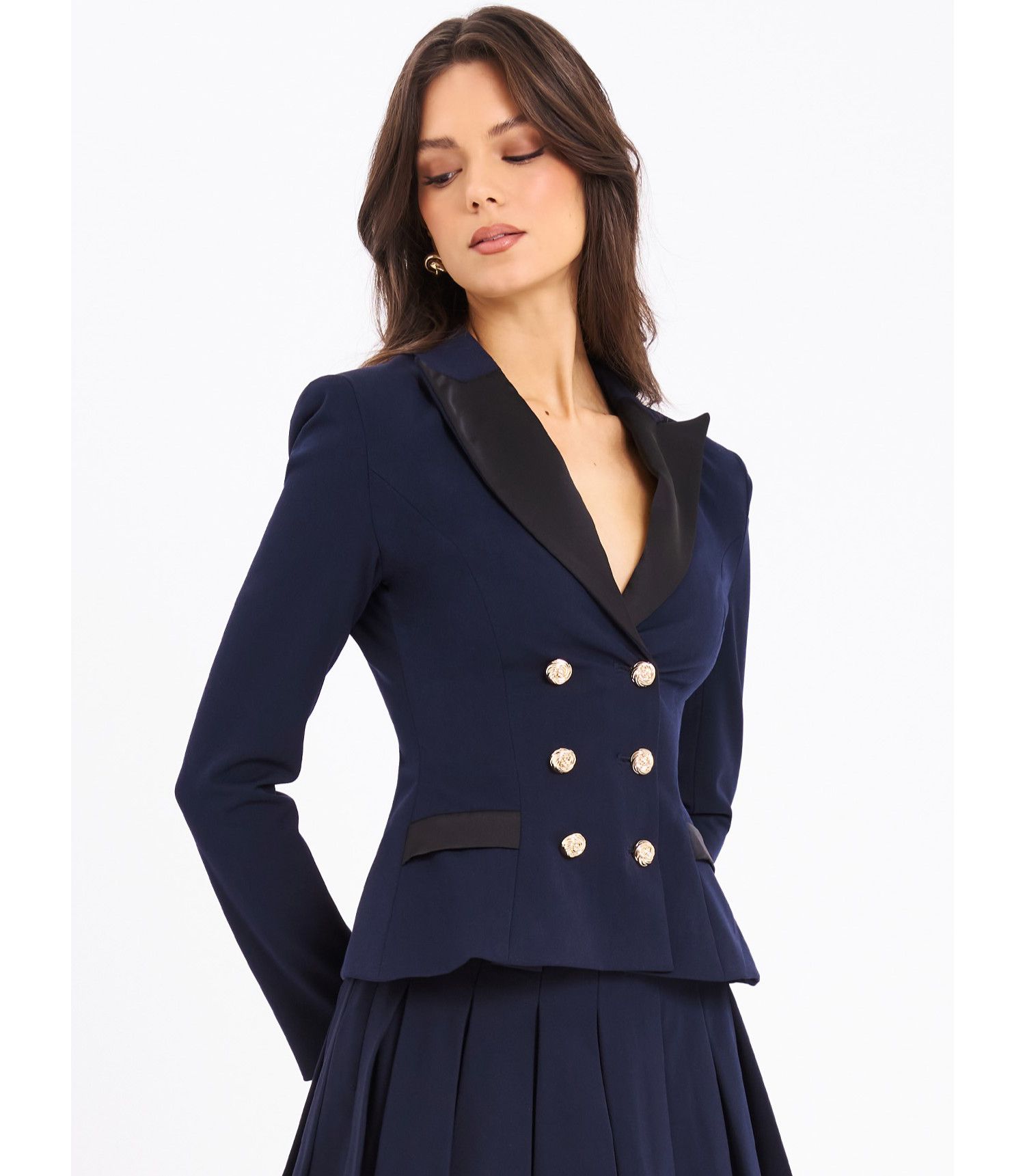 Women Nasia Navy Blue Double Breast Backless Blazer