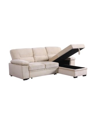 97.5"W Beige Velvet Fabric Reversible Sleeper Sectional Sofa Chaise