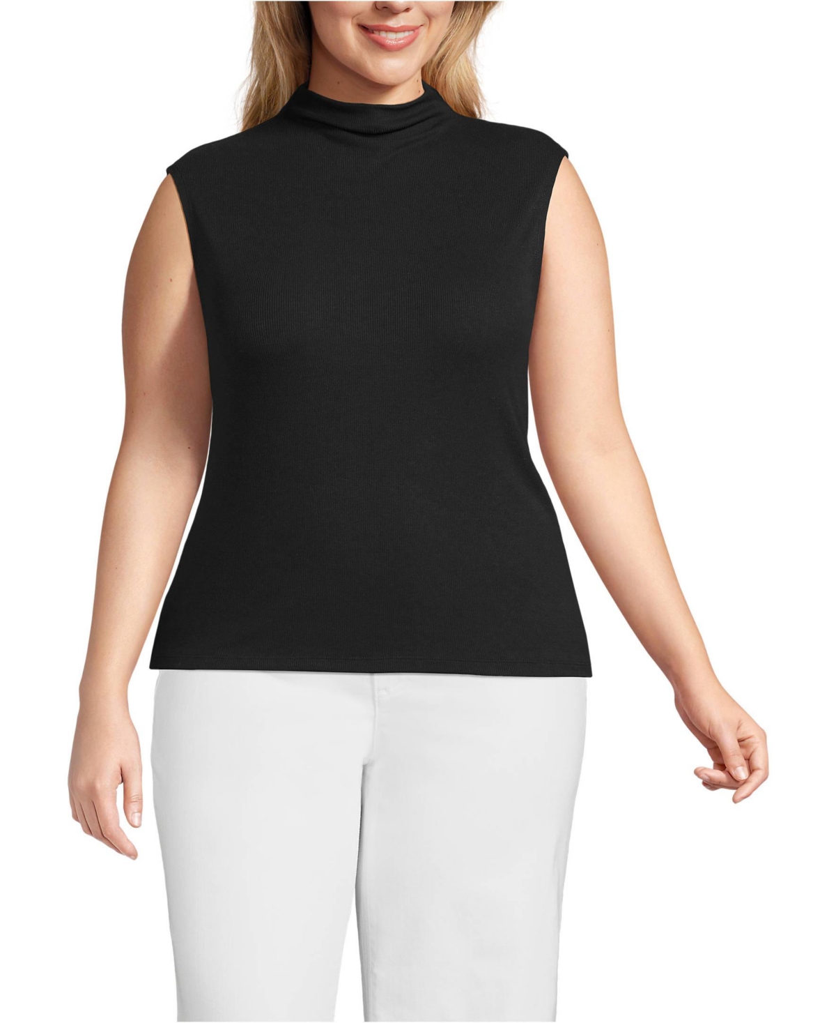 Plus Size Cap Sleeve Drapey Rib Fitted Funnel Neck Tank - Black