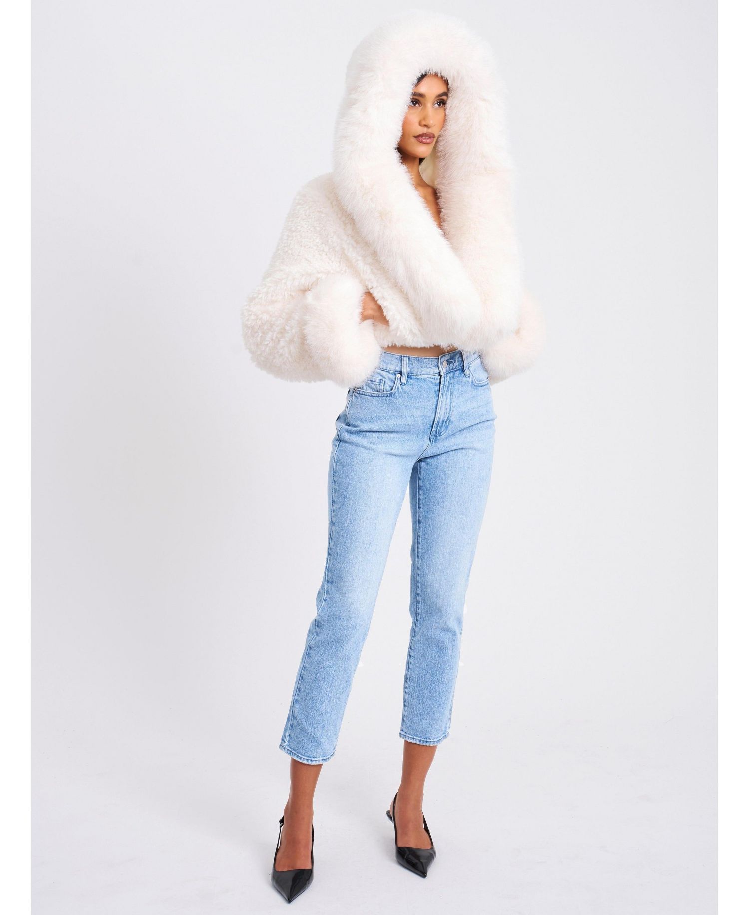Women's Kali White Cropped Faux Fur Jacket With Hood
