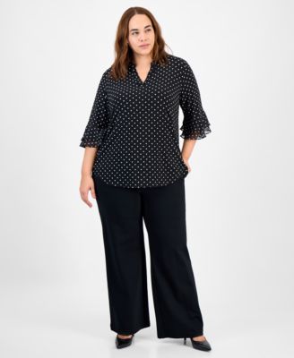 Plus Size Dot-Print Flutter-Sleeve Blouse