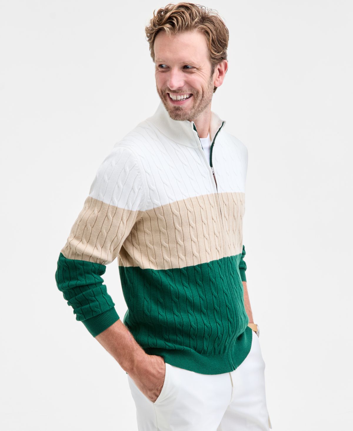 Мужской свитер кабельной вязки на молнии с цветными вставками, эксклюзивный для Macy's